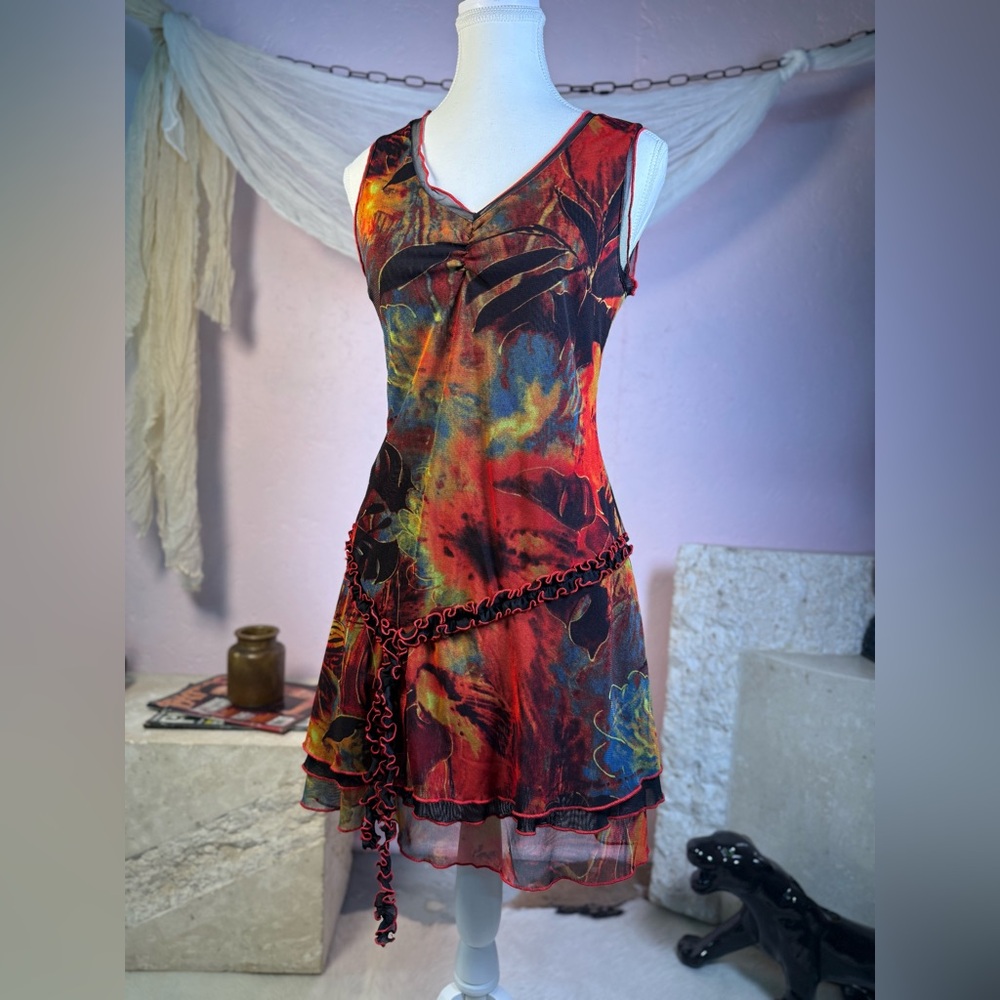 Vintage Mesh Asymmetrical Ruffle Dress Y2K Sheer Mini Medium